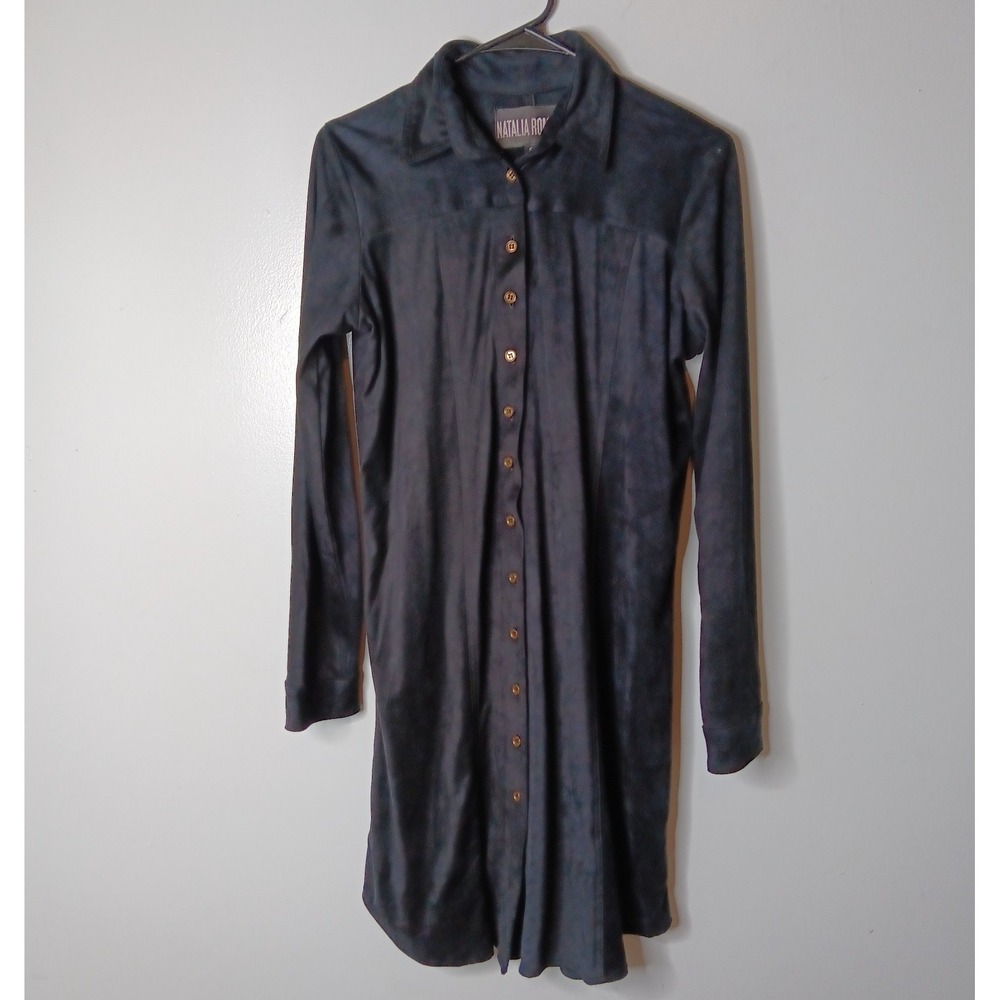 Natalia Romano Boyfriend Shirt Dress Women Sz S Black Faux Suede Grunge Office